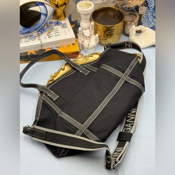 🆕 GANNI 🧿 NWT Small Banner Tote, Black Canvas & Black Leather - Picture 13 of 13